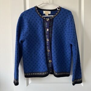 Tally Ho Blue Cardigan with Black and Purple Accents